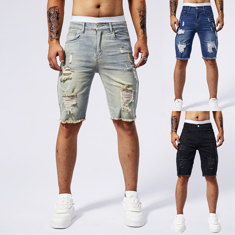 Streetwear Brand Fashion - 2025 ฤดูร้อนใหม่ผู้ชาย Ripped กางเกงยีนส์กางเกงขาสั้นแฟชั่น Vintage Hole
