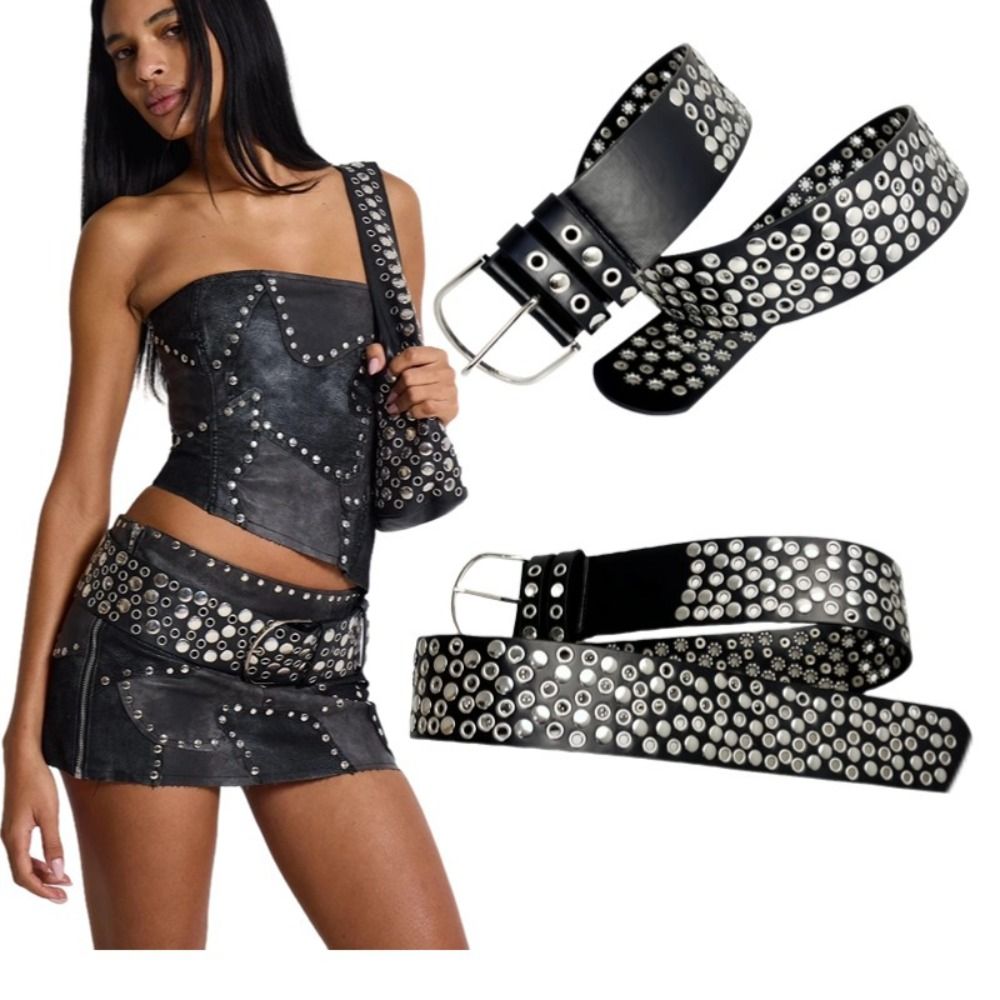 Streetwear Brand Belts - เข็มขัดร้อยรูแบบพังก์ ดีไซน์หรูหรา สไตล์สตรีทแวร์ เข็มขัดเอว PU กว้าง