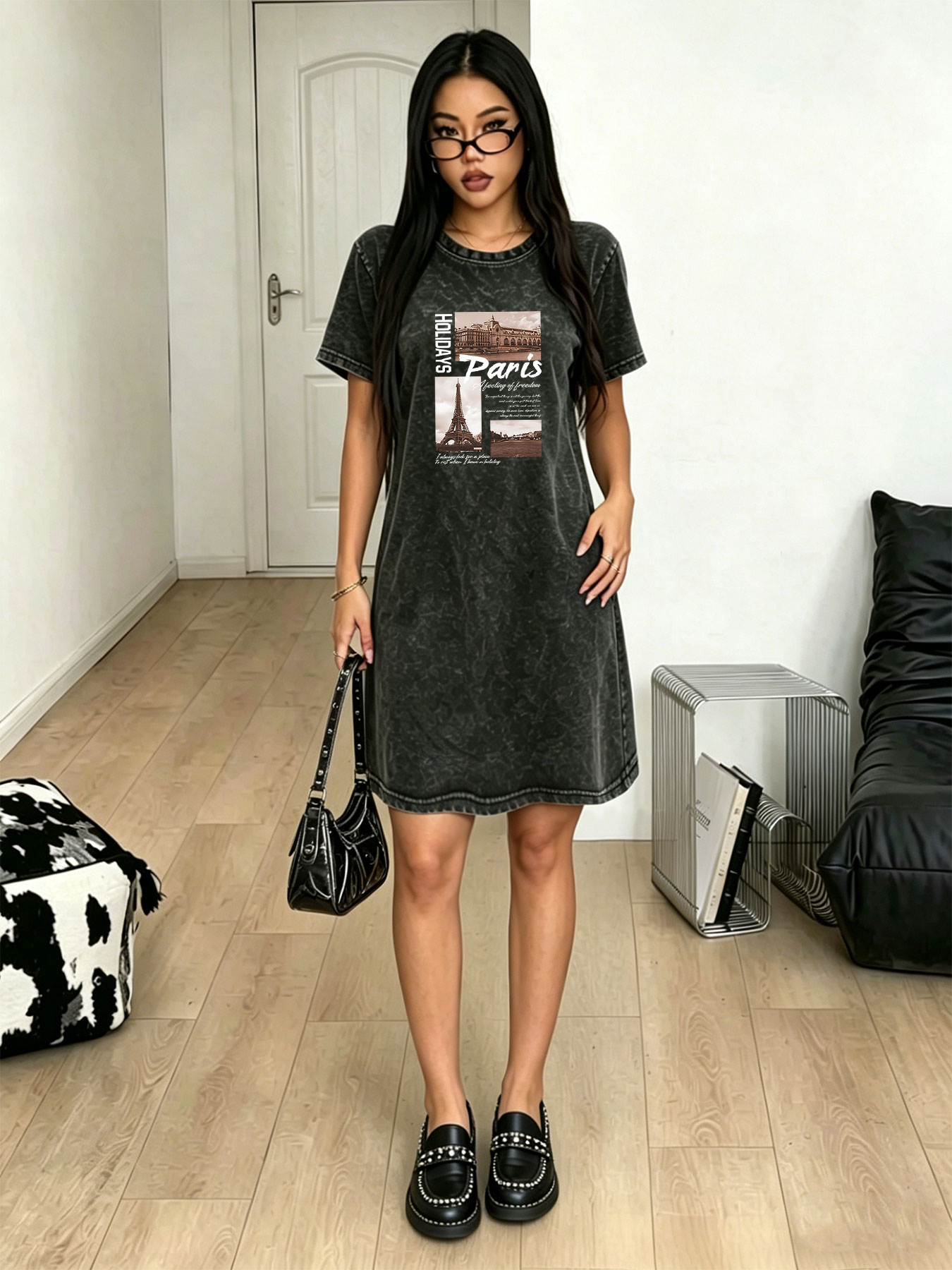 Streetwear Brand Paris - เดรสเสื้อยืดวินเทจผู้หญิง ลวดลายพิมพ์ภาพทิวทัศน์ปารีส แบรนด์แฟชั่นสตรีทแวร์ ทรงมิดิ