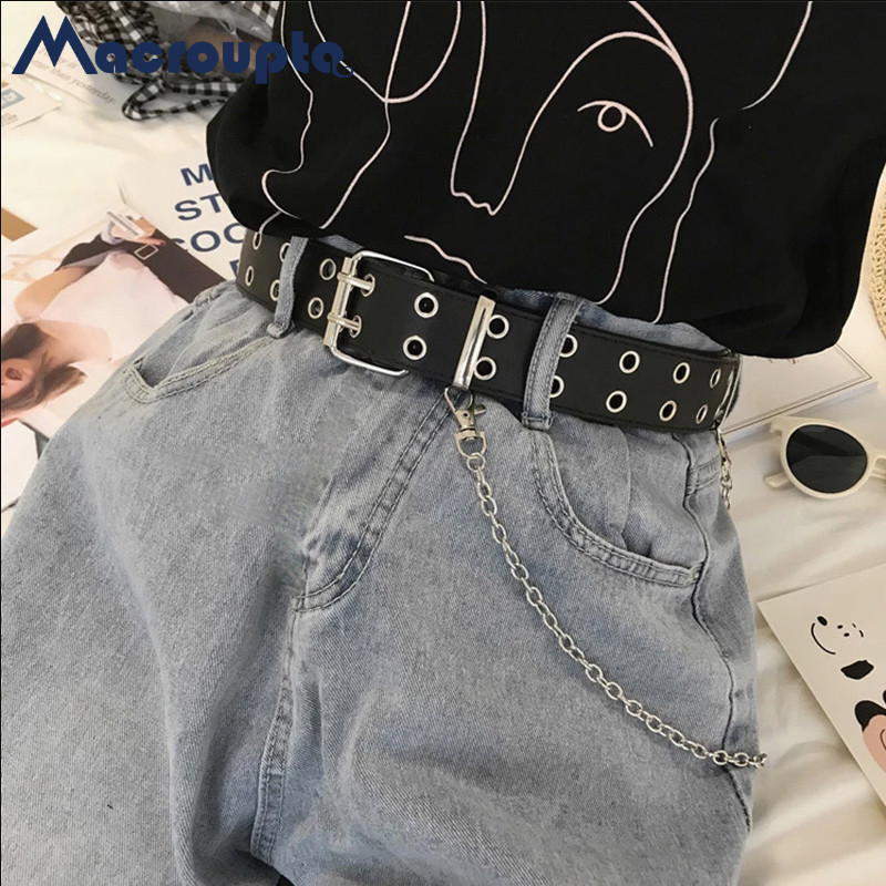 Streetwear Brand Belts - ผู้หญิง Punk Goth เข็มขัดหนังผู้หญิง Grunge เข็มขัดฮาโลวีนคู่หัวเข็มขัดหญิงเข็มขัดสําหรับกางเกงยีนส์