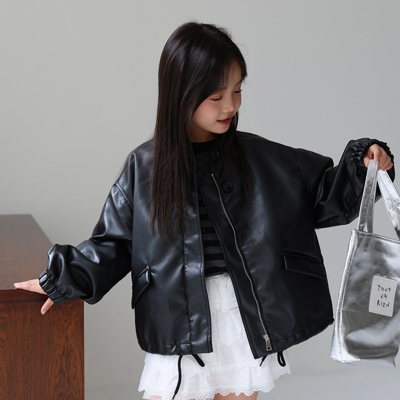 Streetwear Brand Logo - เสื้อแจ็คเก็ตหนัง PU สไตล์ร็อคสีดำชมพูหวานสำหรับเด็กผู้หญิงอายุ 2-12 ปี เสื้อโค้ทกันน้ำกันลมสำหรับเด็ก