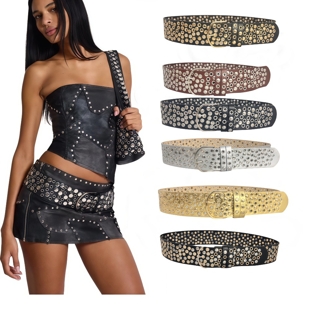 Streetwear Brand Belts - เข็มขัดร้อยรูแบบพังก์ แบรนด์แฟชั่นสตรีทแวร์ ตกแต่งด้วยห่วงโลหะ ดีไซน์หรูหรา เข็มขัดเอว PU